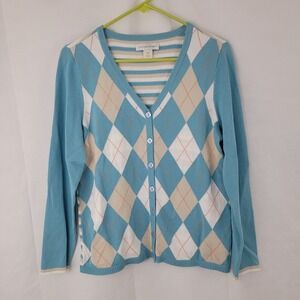 CHRISTOPHER & BANKS Womens Cardigan Sz MEDIUM Sweater ARGYLE Preppy Academia